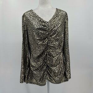 Nine West Cinched Blouse Black Gold Foil Leopard Print size XL